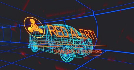 Displaying wireframe van floating in virtual grid tunnel, showing RED ALERT text and orange icon