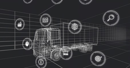 Displaying wireframe cargo truck model in virtual grid environment, showing floating digital icons