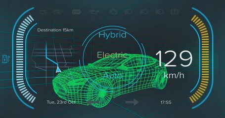 Obraz premium Showing green wireframe car model on grid at HUD, with speedometer gauge and drive-mode selector