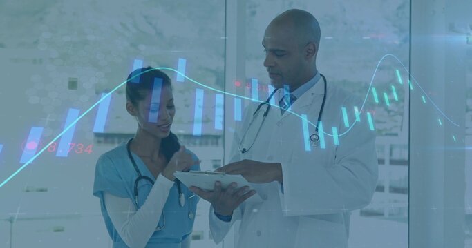 Reviewing physician and nurse examining medical chart in hospital corridor, digital data overlay - Powered by Adobe