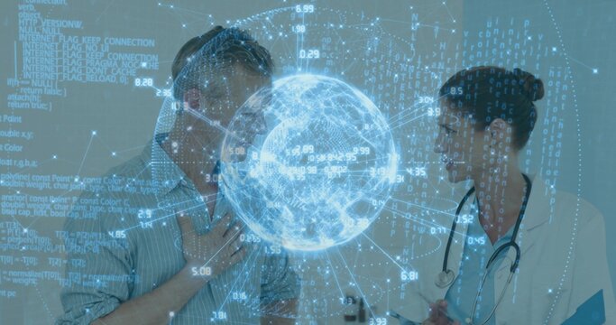 Patient and doctor wearing white coat reviewing holographic globe with data-code streams in clinic