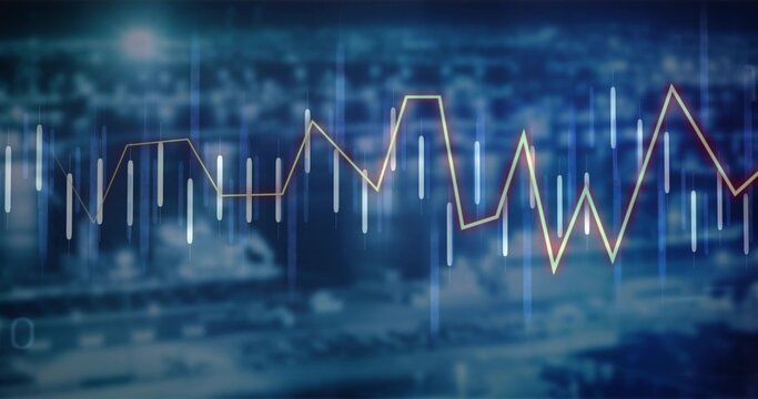 Displaying glowing line graph and vertical data bars over nighttime urban skyline, data overlay - Powered by Adobe