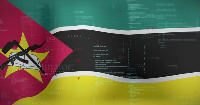 Naklejki Waving Mozambique flag displaying binary code in cyber backdrop, with rifle hoe book and star