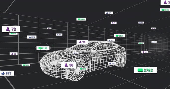 Fototapeta Showcasing 3D wireframe sports car model in grid environment, with floating social metric tags