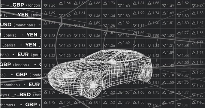 Fototapeta Displaying 3D wireframe sports car model over trading dashboard with currency rate grid, copy space