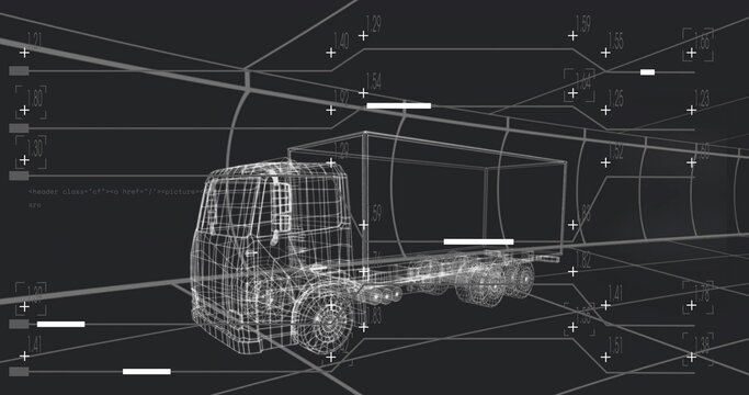 Fototapeta Rotating wireframe cargo truck model in CAD workspace with grid lines and numeric tags