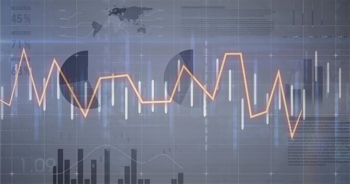 Displaying dashboard showing financial charts on screen, with orange graph and world map graphic - Powered by Adobe