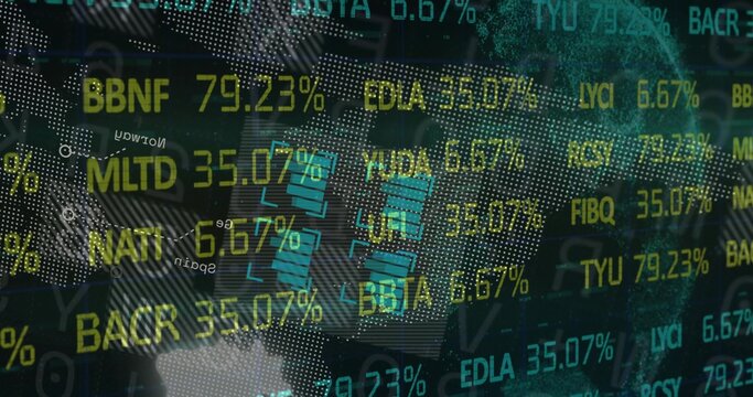 Displaying yellow and teal tickers and percentage values streaming over dotted map, pixelated globe