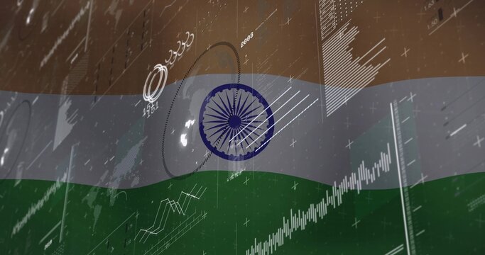 Displaying Indian flag waving over analytics backdrop, with data visualizations and HUD markers - Powered by Adobe