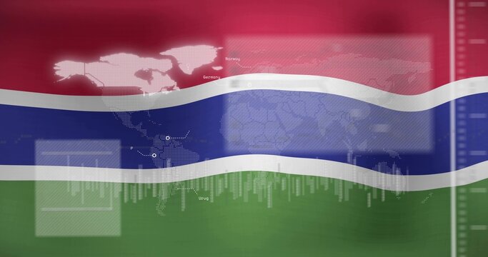 Naklejki Flowing Gambia flag stripes streaming across screen, with map and Norway Germany Uruguay labels