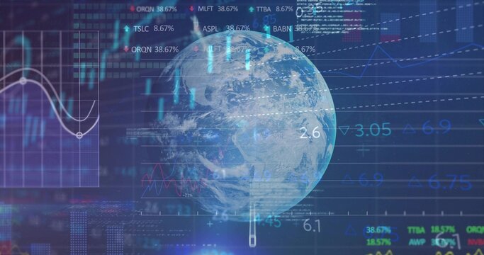 Displaying 3D Earth globe hovering over dashboard, showing line charts ticker symbols data overlays
