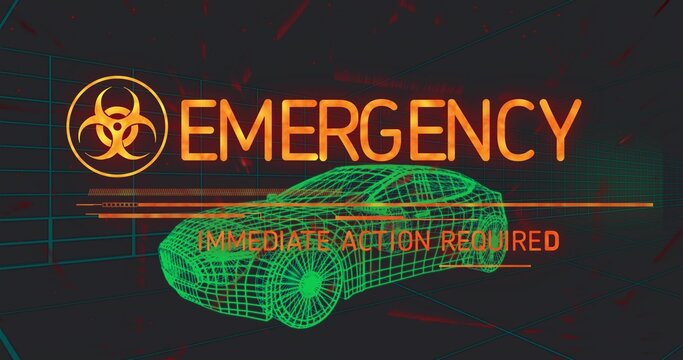 Fototapeta Green wireframe car showing emergency biohazard immediate action required in 3D space red glitches