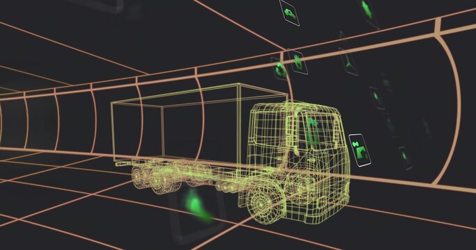 Fototapeta Showing yellowish wireframe cargo truck inside dark neon tunnel, with floating green network icons
