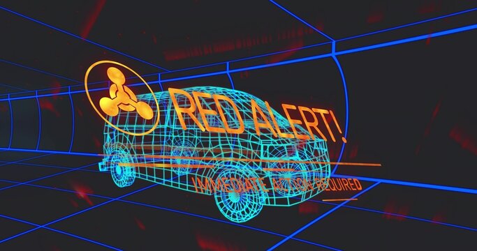 Displaying wireframe van floating in virtual grid tunnel, showing RED ALERT text and orange icon