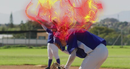 Fielding players in uniforms on baseball diamond, with gloves, dirt infield grass outfield