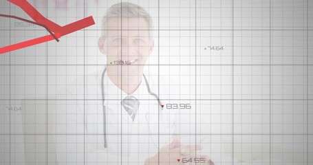 Standing physician wearing lab coat, tie, stethoscope behind data grid overlay with red graph lines