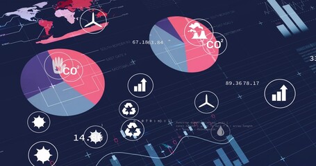 Displaying analytics dashboard on dark grid, with charts, world map and environmental icons
