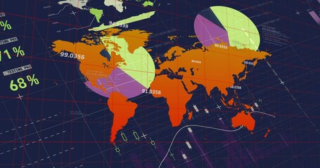 Obraz premium Displaying world map with pie charts and dashboard metrics on grid, showing trajectories and icons
