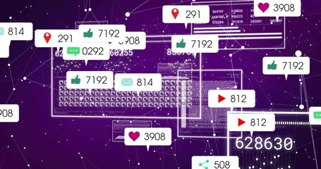 Floating wireframe keyboard and screens amid purple node mesh, showing social icons and counters