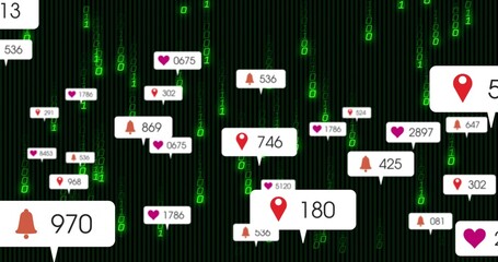 Displaying notification pop-ups over green binary backdrop showing heart location pin bell counts