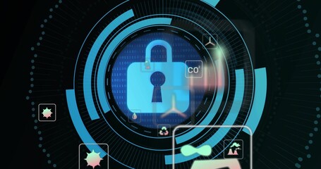 Glowing padlock floating in UI, with binary code, CO?, recycling, droplet, starburst, graph icons