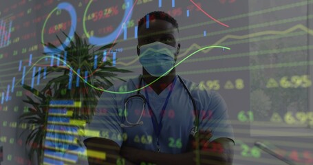 Standing professional wearing scrubs and crossing arms in clinic, with financial chart overlay