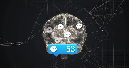 Floating brain glowing in network grid environment, with blue notification bubble and speech icons