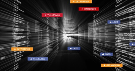 Flowing through digital data tunnel, code lines showing badges labeled GET NOTIFIED, LIKED