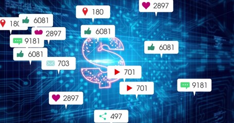 Glowing neon dollar sign hovering over circuit grid, displaying floating social media notifications