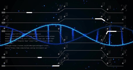 Hovering glowing DNA double helix in virtual space, with numeric callouts and code fragments