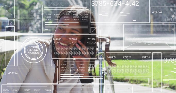 Leaning woman wearing white t-shirt speaking on smartphone by bicycle in park, with digital panels