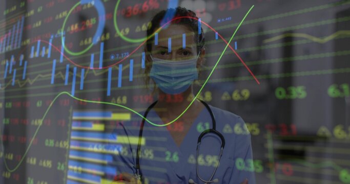 Standing professional wearing scrubs in hospital hallway, with stethoscope, stock chart overlay
