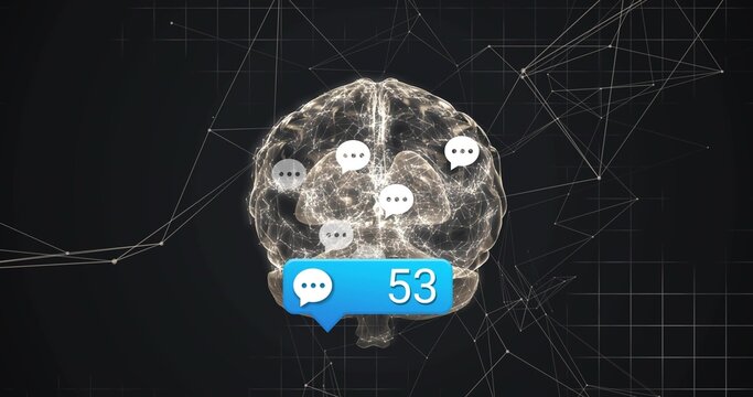 Floating brain glowing in network grid environment, with blue notification bubble and speech icons