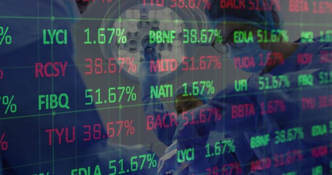 Operating surgical team wearing blue scrubs in OR under overhead light with stock ticker overlay