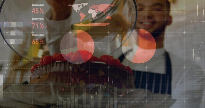 Naklejki Pastry chef pouring glaze from ladle onto cake topped raspberries in kitchen with data overlay