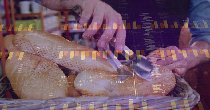 Cutting crusty loaf at bakery counter by hands wearing apron, with serrated knife and data overlays
