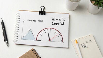 Creative workspace with drawn graph and clock representing the importance of time as capital for productivity and success