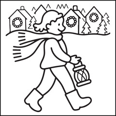 Cozy girl Christmas black and white coloring pages with Christmas-related images for adults and teens.