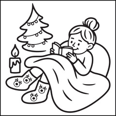 Cozy girl Christmas black and white coloring pages with Christmas-related images for adults and teens.