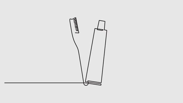 Self animated drawing of continuous one line tooth brush. Toothbrush and toothpaste. Teeth care concept. Full length one line 4K animation