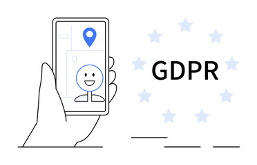 Hand holding smartphone displaying a location pin over a smiling avatar. GDPR text surrounded by stars. Ideal for privacy, security, data protection, consent, mobile apps, compliance, technology