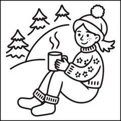 Cozy girl Christmas black and white coloring pages with Christmas-related images for adults and teens.
