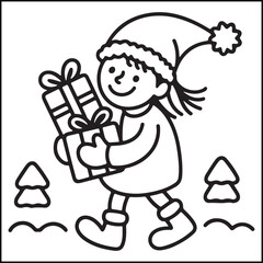 Cozy girl Christmas black and white coloring pages with Christmas-related images for adults and teens.