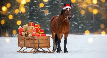 Festive winter scene with brown horse wearing Santa hat pulling wooden sleigh filled with colorful wrapped gifts in snowy forest, bokeh lights, New Year's fire horse concept