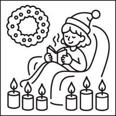 Cozy girl Christmas black and white coloring pages with Christmas-related images for adults and teens.