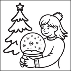 Cozy girl Christmas black and white coloring pages with Christmas-related images for adults and teens.