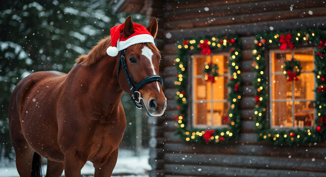 Festive brown horse wearing Santa hat in snowy winter scene with decorated wooden cabin, Christmas lights, holiday wreaths, and falling snow, symbolizing New Year's fire horse concept - Powered by Adobe
