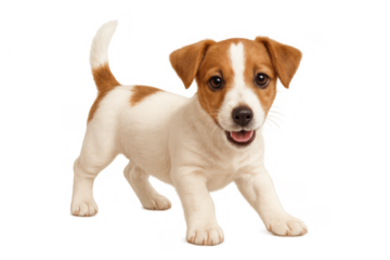 Jack russell puppy dog standing happily, with cheerful expression and open mouth, walking and looking at camera