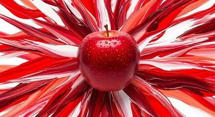 A red apple with water droplets on a red and white background