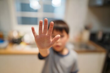 Young boy raises open palm in a clear stop gesture, expressing refusal and boundary setting with blurred indoor background